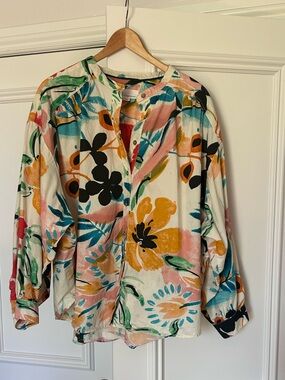 Anthropologie Multicolor Brushstroke Floral Button-Front Top